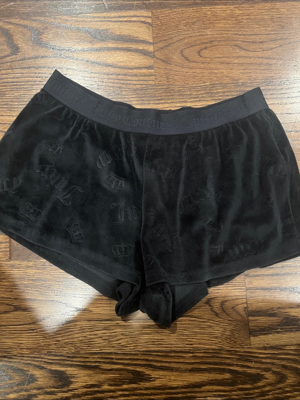 Juicy Couture Black Velour Logo Elastic Waist Athletic Shorts